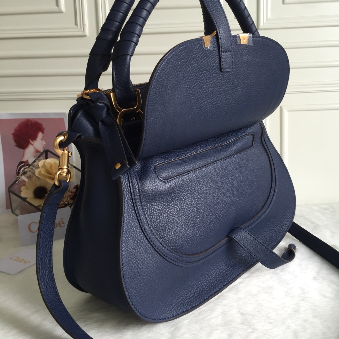 Chloe Large Marcie Bag In Navy Grained Leather